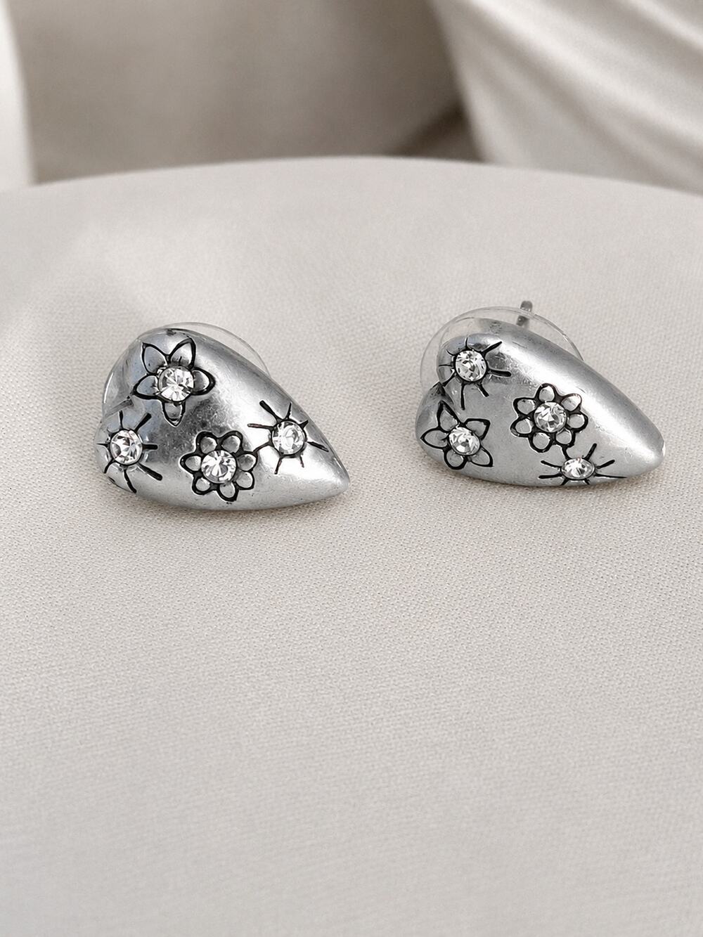 Vintage Brighton Silver-Tone Floral Heart Rhinestone Post Earrings